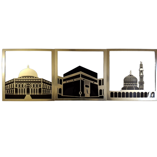 Stunning Acrylic Islamic Frame Featuring Khana Kaaba, Masjid Nabawi & Masjid Al-Aqsa